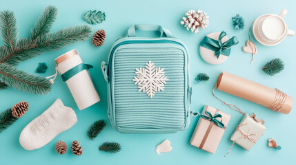 Festive flat lay arrangement of winter holiday gift items, including snowflake bag, thermal bottle, knitted sock, wrapped presents, pine branches, and pinecones, all set on serene light blue backgroun