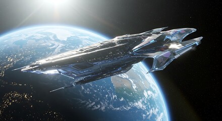 Futuristic spacecraft orbiting a planet, with a detailed exterior and sunlight in space
