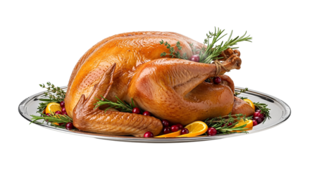Deliciously Roasted Whole Turkey Garnished with Herbs and Cranberries on a Platter. thanksgiving fest  isolated on transparent background, png 