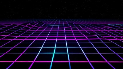 Neon grid pattern with purple, pink, and blue lines on a black background, suitable for futuristic designs or digital art projects with a vibrant and retro feel.
