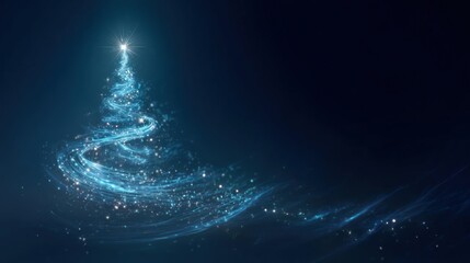 Abstract shimmering blue glowing christmas tree shape with swirling light particles against a dark background
