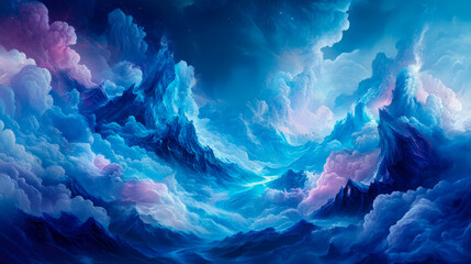 Majestic dreamscape of towering blue and purple celestial cloud formations enveloping mystical peaks under cosmic glow