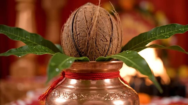 Auspicious hindu pooja ritual setup featuring sacred coconut leaves and copper kalash pot used during indian wedding celebration