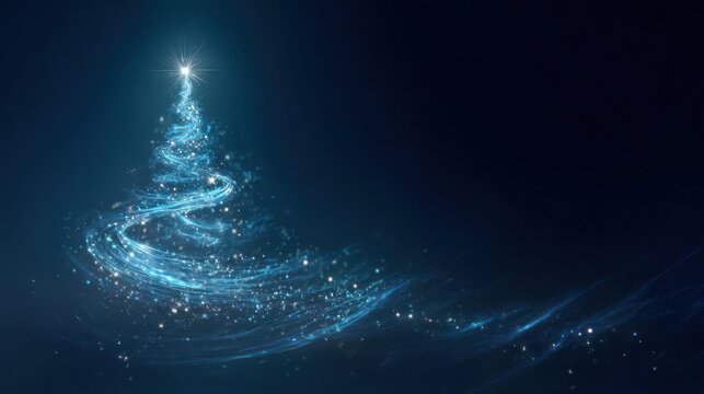 Abstract shimmering blue glowing christmas tree shape with swirling light particles against a dark background