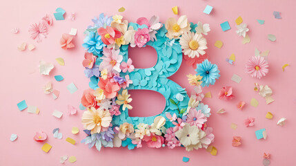 Handcrafted Pastel Paper Floral Letter B Adorned with Delicate Blossoms and Scattered Confetti on Soft Pink Background