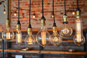 Obraz premium Decorative vintage light bulbs illuminating a modern interior design location with a brick wall