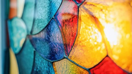 Colorful stained glass pieces displayed together create a beautiful mosaic, reflecting warm sunlight and showcasing vivid hues in the afternoon glow. - Powered by Adobe