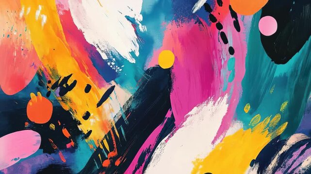 This artwork showcases an explosion of color with bold brush strokes and playful dots, creating an energetic atmosphere full of movement and creativity, perfect for modern decor.
