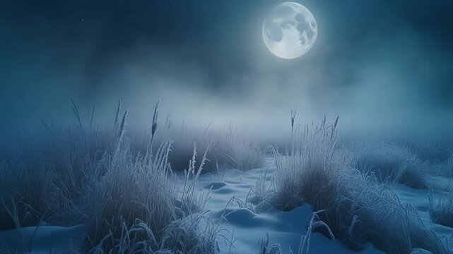 Moonlit snowy field with tall frost-covered grass, subtle fog drifting