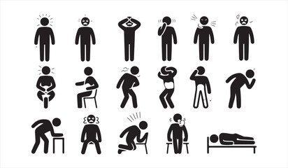 Medical Pain Symptom Icon Set with Stick Figures Showing Discomfort and Illness