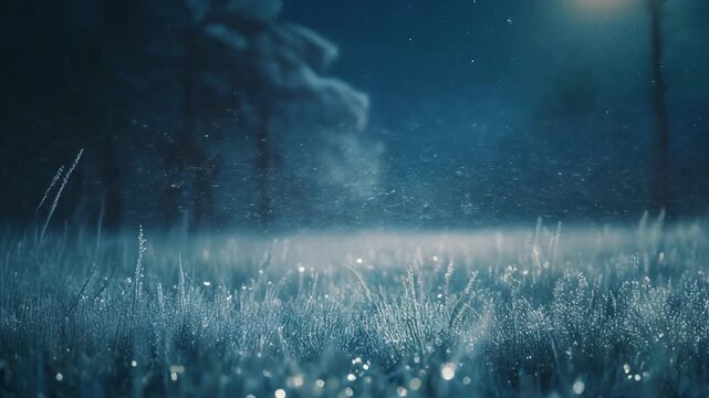 Frozen meadow shimmering under starlight, soft wind carrying snow dust