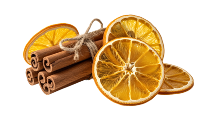 Dried orange slices with cinnamon sticks isolated on transparent background, natural spice and citrus ingredient for food decoration, aroma and holiday concept, PNG