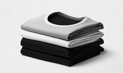 Stacking pile of folded blank black, grey, gray, and white t-shirts with a round neck and a white background cutout. A mockup template for graphic design artwork,
