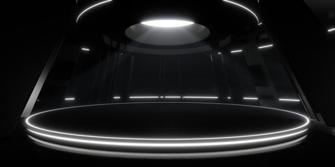Abstract architecture space with empty dark round podium, Circle geometric with neon light, Sci-fi circular stage for product presentation, 3d rendering