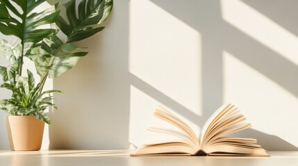 Open book with green leaves in pot near light patterned wall