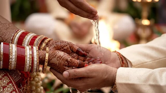 Close up shot of traditional hindu wedding ritual hands pouring sacred water during the marriage ceremony