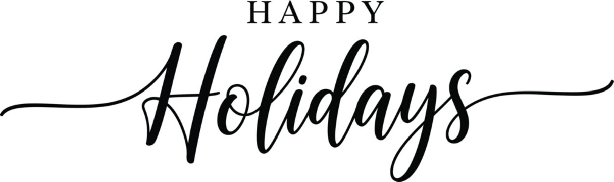 Elegant happy holidays script text on a clean white background