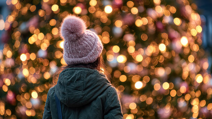 Female in cozy winter hat gazes at beautifully lit Christmas tree, surrounded by warm holiday ambiance and colorful decorations
