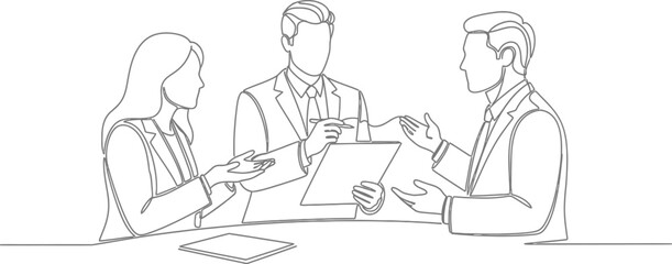 Continuous line drawing of business meeting with three people at table