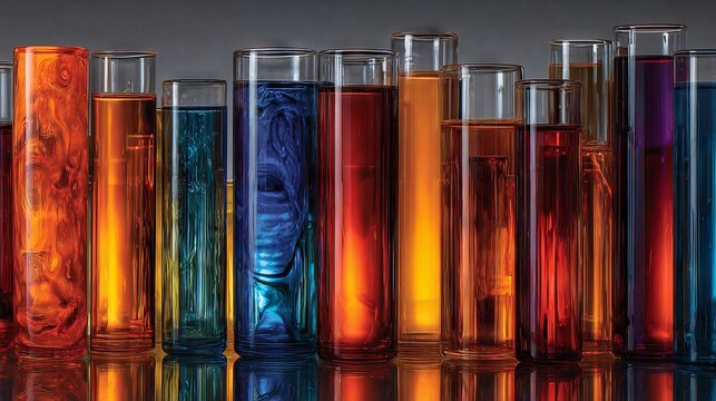 Transparent scientific test tubes with colorful liquid made of laboratory glass, designed for experiments and analysis