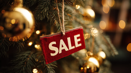 Red sale tag is prominently displayed on a Christmas tree adorned with golden ornaments and warm lights creating a festive atmosphere