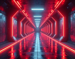 Futuristic, long, symmetrical corridor with glowing red and blue neon lights, wet floor