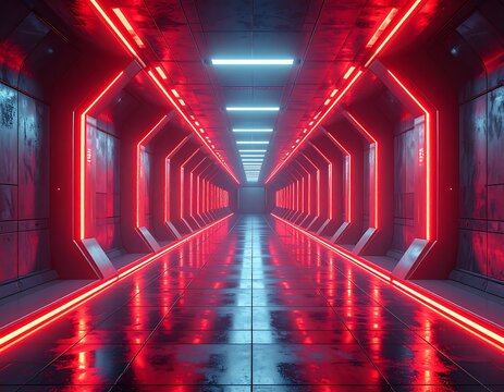 Futuristic, long, symmetrical corridor with glowing red and blue neon lights, wet floor