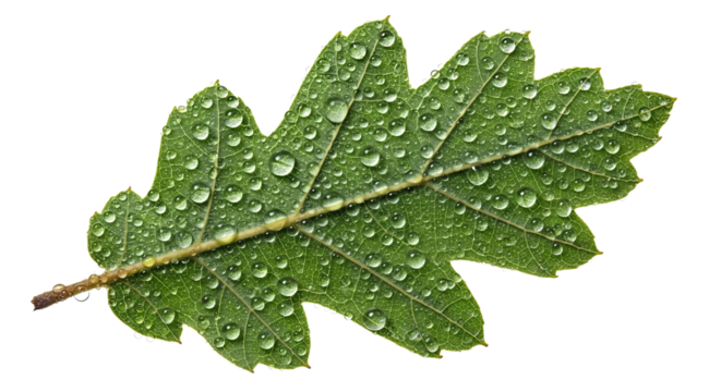 Green Oak Leaf with Water Droplets Close Up isolated on transparent background, png