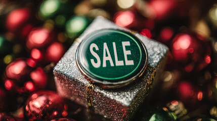 Green sale button rests on a shiny gift box, surrounded by vibrant Christmas ornaments, creating a festive holiday atmosphere