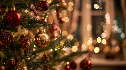 Christmas tree decorated with vibrant ornaments and glowing lights, creating a warm holiday ambiance in a cozy setting