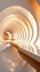 Futuristic, luminous corridor with curved, organic forms and a reflective water feature