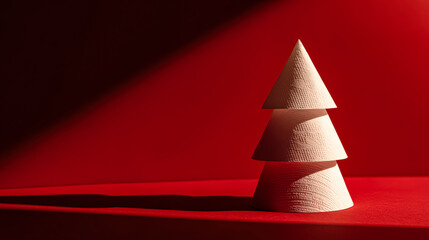 A decorative Christmas tree made of white paper cones stands against a rich red backdrop, creating a warm holiday atmosphere with soft shadows