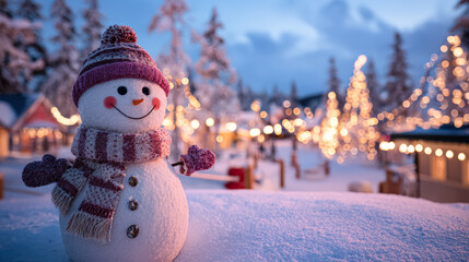 Cheerful snowman wearing a scarf and hat stands in a snowy landscape, surrounded by twinkling lights and festive decorations
