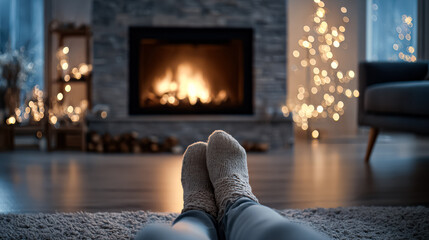 Warm feet in cozy socks relax by the fireplace, surrounded by twinkling Christmas lights, creating a festive and inviting atmosphere