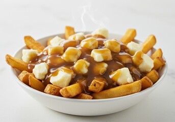 A delicious bowl of classic Canadian poutine with gravy and cheese curds.