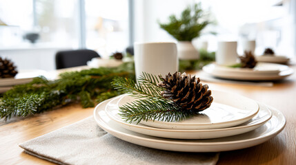 Beautifully arranged holiday table features pinecones and greenery, creating a warm festive atmosphere for Christmas gatherings