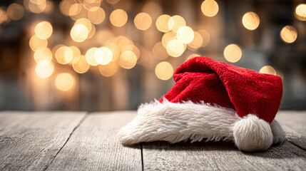Christmas hat placed on rustic wooden surface, surrounded by soft bokeh lights creating a warm holiday atmosphere