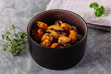 Peeled mussels heap in the bowl