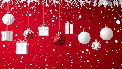 Diseño para tarjeta felicitacion navideña con bolas de navidad, adornos y regalos colgando sobre un fondo rojo con copos de nieve