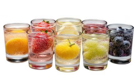 A row of shot glasses filled with sparkling water and various fruits, including orange, strawberry, lemon, grape, and blueberry isolated on transparent background