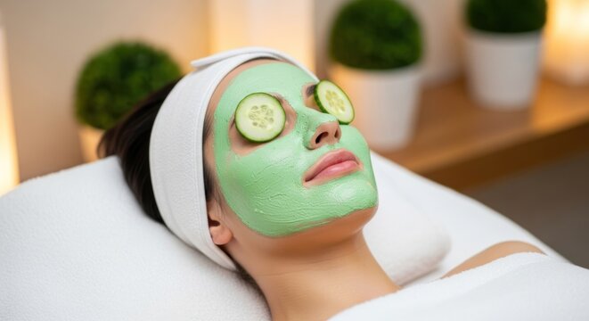 Woman relaxing with green facial mask and cucumber slices in spa.