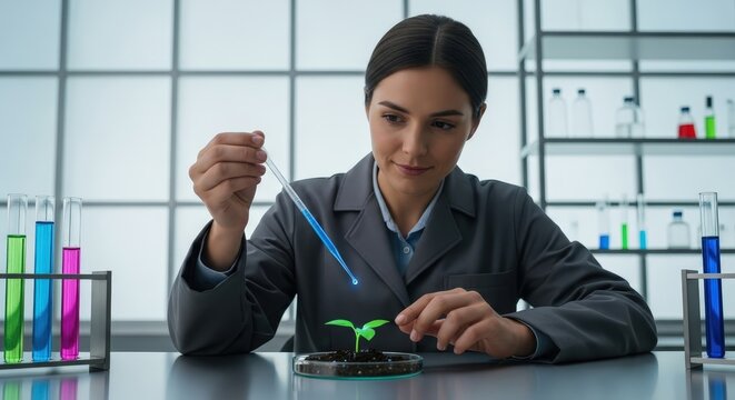 Woman scientist applying nutrient solution with pipette to plant seedling in petri dish in science lab - Powered by Adobe