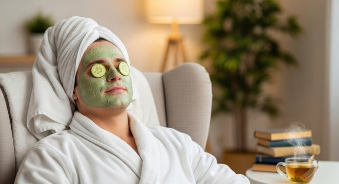 Man relaxing indoors with a green face mask and cucumber slices.