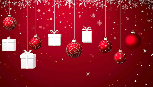 Dise&ntilde;o para tarjeta felicitacion navide&ntilde;a con bolas de navidad, adornos y regalos colgando sobre un fondo rojo con copos de nieve