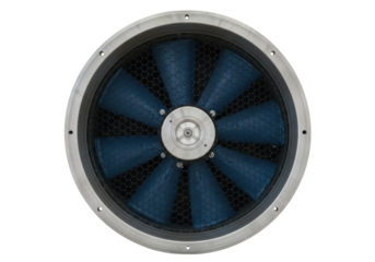 Isolated Large industrial fan ventilator impeller with blue blades and metal case, no background