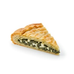 A Delicious Slice of Greek Spanakopita Pie Isolated on White.