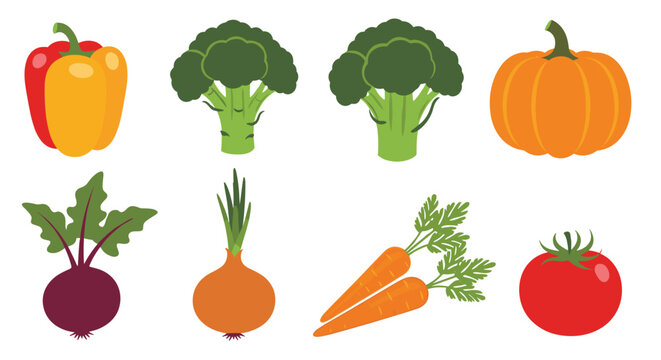 Collection of eight colorful and healthy vegetables isolated on a white background.