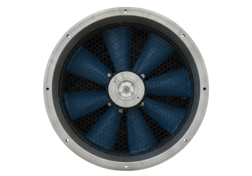 Isolated Large industrial fan ventilator impeller with blue blades and metal case, no background