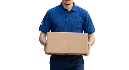Unrecognizable delivery man in blue uniform holding a cardboard box, isolated on a clean transparent background, ready for shipping or moving services