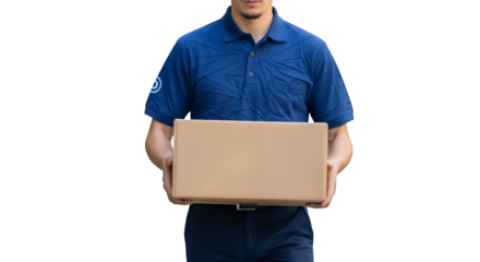Unrecognizable delivery man in blue uniform holding a cardboard box, isolated on a clean transparent background, ready for shipping or moving services